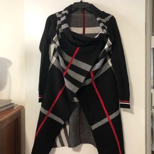 Wrap Sweater - Black with White and Red Accents.